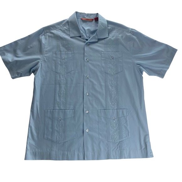 Havanera Guayabera Shirt Mens Large Short Sleeve Button Down Blue Camp Shirt - Picture 1 of 6